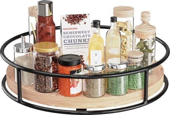Organizzatore di carrello rotante 360°, 23 cm di diametro in legno di rovere, griglia rotante per spezie per cucina e mobile, organizzatore perfetto per cucina, stabile e pratico per piano di lavoro e tavolo