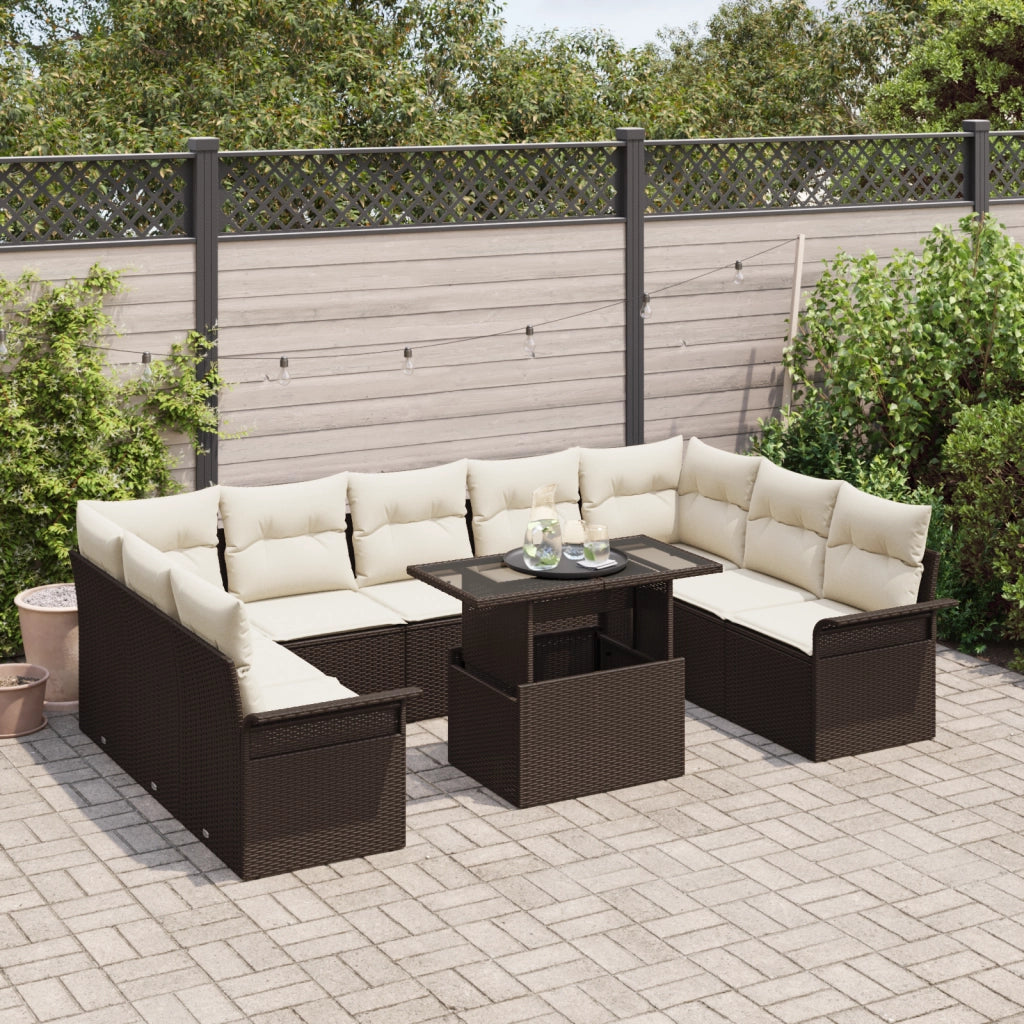 Set di Divano da Giardino 10 Pezzi con Cuscini Rattan Poliestere Marrone