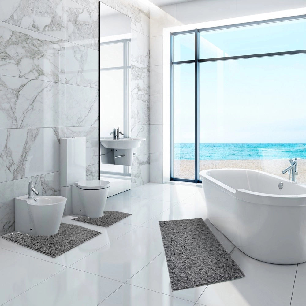 Tappeto Bagno Morbido Assorbente Antiscivolo 3D Intrecciato Lavabile Set 3 Pezzi Antracite