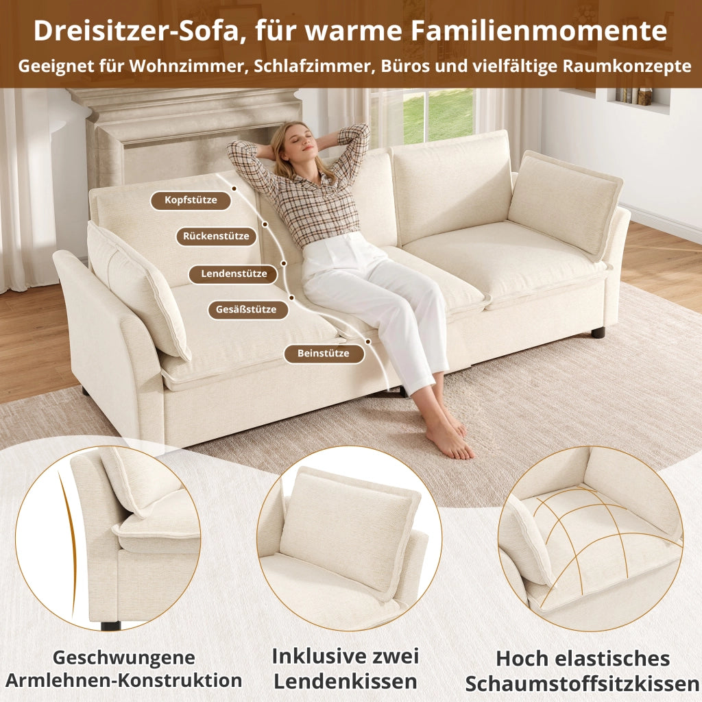 Divano 3 posti modulare con seduta ampia e cuscini per braccioli, struttura in metallo, in chenille beige