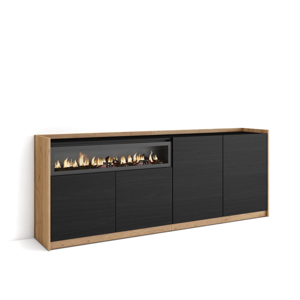 Credenza, Mobile, Cucina, 207x80x37 cm, 4 Porte, Camino elettrico, Nero e rovere