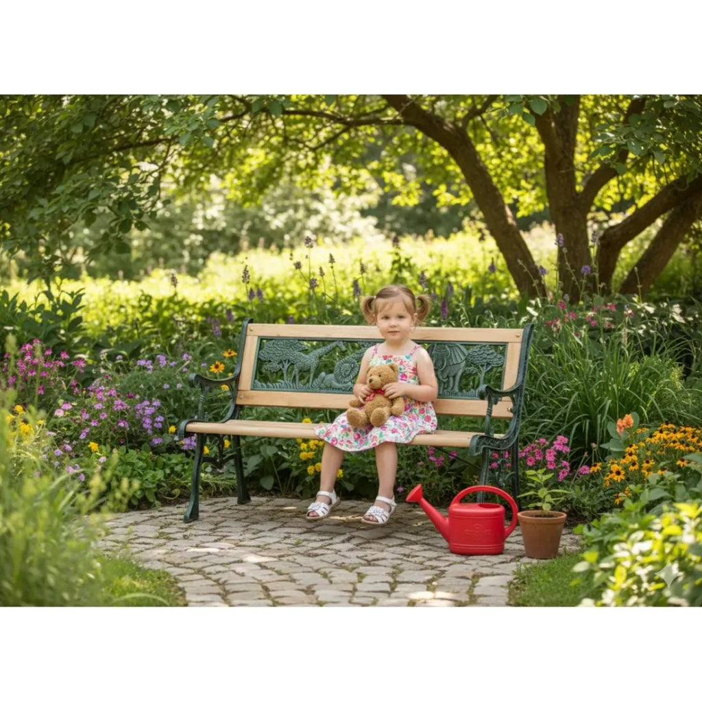 Banco da esterno per bambini ANIMA 82 cm legno e ghisa verde giardino