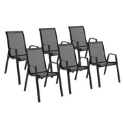 IDMarket - Set di 6 sedie da giardino impilabili NOUMEA in metallo e textilene, nero e legno