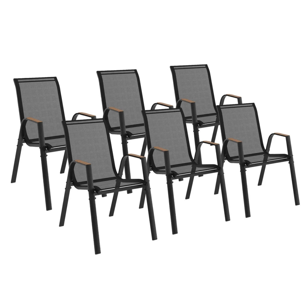 IDMarket - Set di 6 sedie da giardino impilabili NOUMEA in metallo e textilene, nero e legno