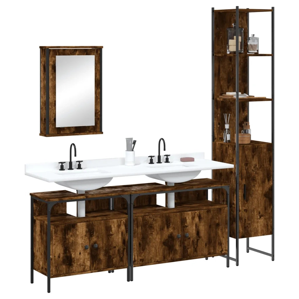 Set Mobili da Bagno | Armadio da bagno 4 pz Rovere Fumo in Legno Multistrato