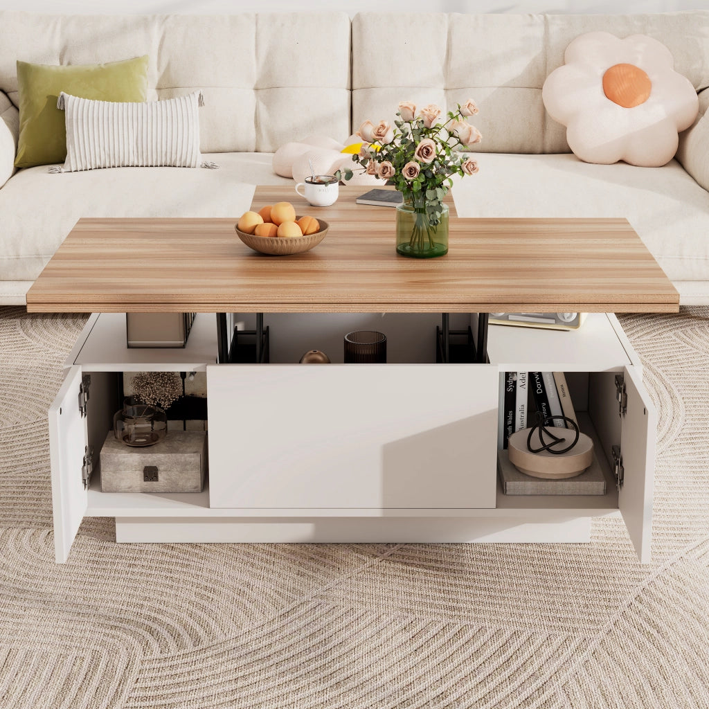 Tavolino da caffè 100x50x55.5 cm; doppio piano sollevabile con vano nascosto; pannello truciolare bianco