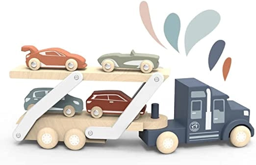 Bisarca giocattolo con macchine in legno Carro attrezzi bisarca in legno Camion bisarca con gru magnetica e auto in legn