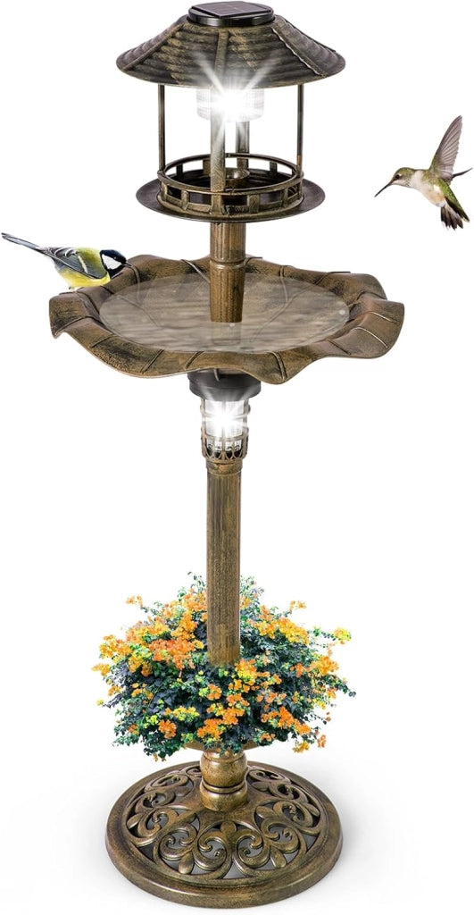 Vasca per Uccelli da Giardino a Energia Solare, Abbeveratoio e Mangiatoia per Uccelli da Esterno con 2 Lampade a Energia Solare, Fioriera e Supporto Riempibile(Bronzo Antico, 43 x 43 x 110 cm)