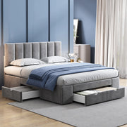 Letto matrimoniale imbottito 140x200 cm in velluto grigio con rete a doghe e 4 cassetti