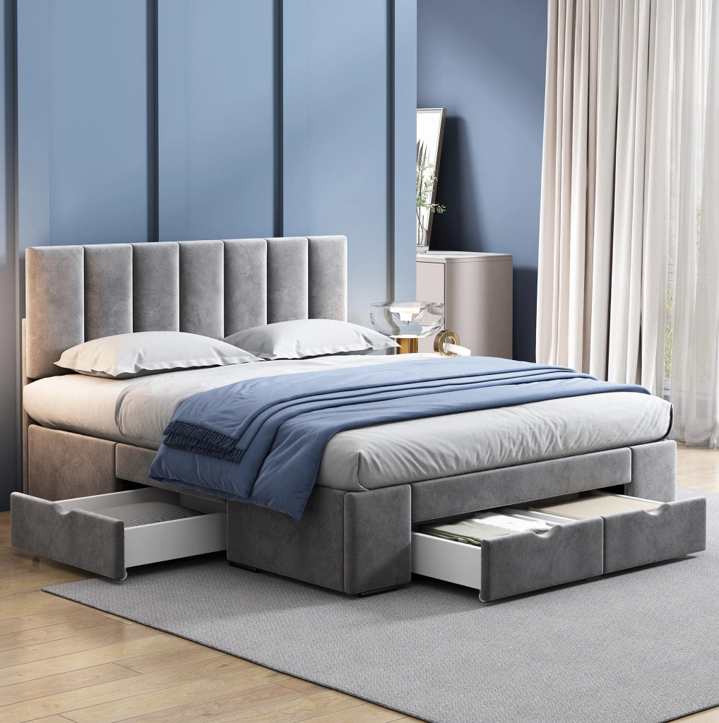 Letto matrimoniale imbottito 140x200 cm in velluto grigio con rete a doghe e 4 cassetti