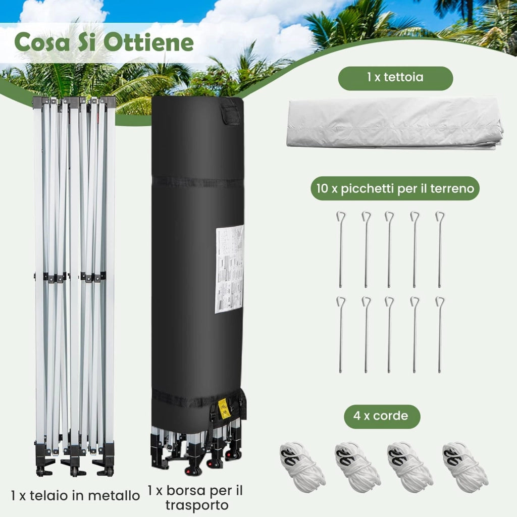 Gazebo Commerciale Regolabile e Pieghevole 6x 3M, con Ruote e Borsa Portatile, Patio Impermeabile per Matrimoni, Feste e Campeggi, Bianco