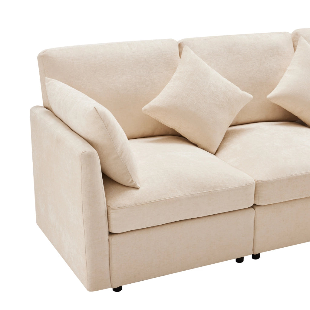 Divano Angolare Reversibile 3-4 Posti con Pouf Mobile; Cuscini Inclusi; Seduta Ergonomica in Ciniglia Beige