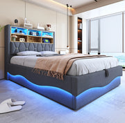 Letto imbottito 140x200 cm con contenitore; LED e USB in lino e metallo grigio