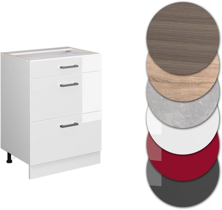 Mobiletto base per cucina R-Line, Bianco lucido, 60 cm con cassetti, senza piano di lavoro, per la libera combinazione all'interno di sistemi cucina modulari