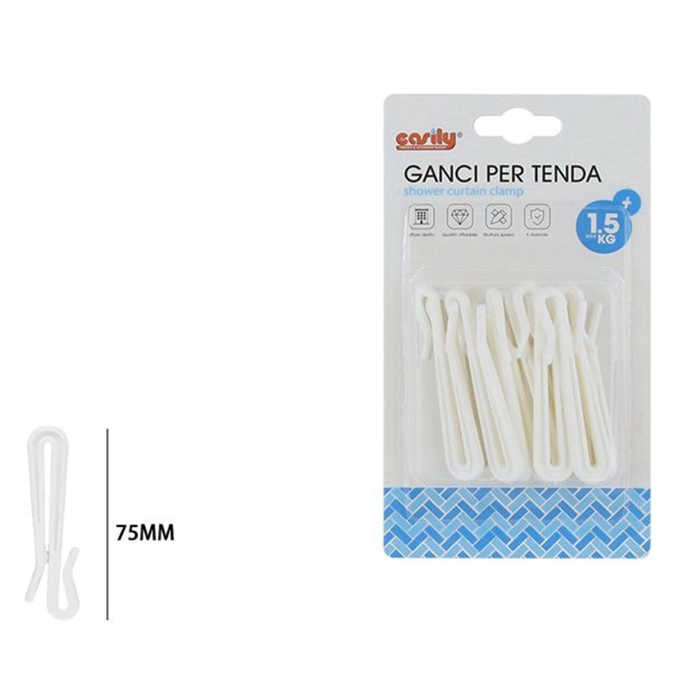 Trade Shop - Set Ganci Per Tende A Pieghe Regolabile In Plastica Bianche Lungo 75 Mm Casa Bagno 87354 -