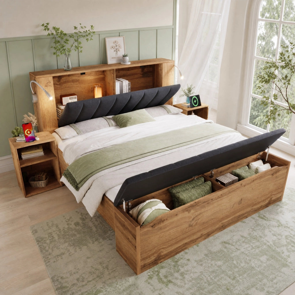 LETTO Matrimoniale 180x200 cm in legno effetto rovere con lampade USB, comodini e panca