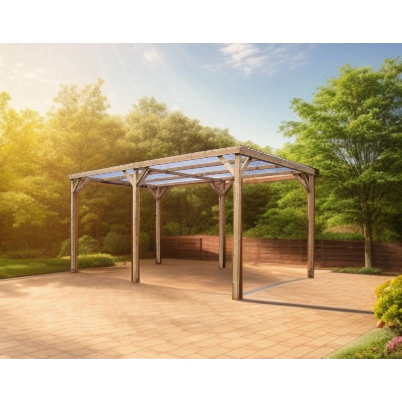 Pergola da giardino in legno termo-trattato 302x500 cm – carport tettoia auto con tetto PVC trasparente – pali 70x80 mm – TH3051S2 Foresta