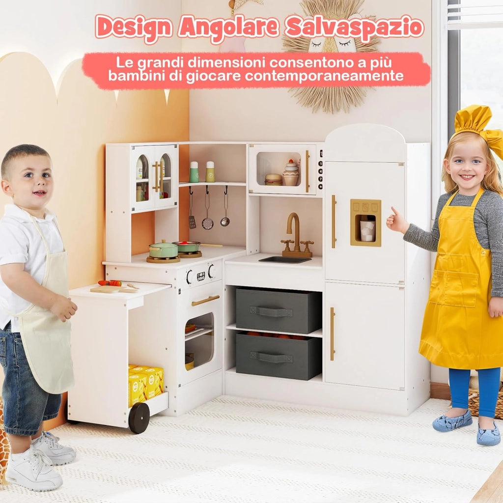 Cucina Giocattolo Angolare in Legno, Set di Cucina Giocattolo per Bambini con Lavabo, Fornelli, Forno, Frigorifero, Macchina del Ghiaccio e Accessori, per Bambini 3 Anni+ (Bianco)