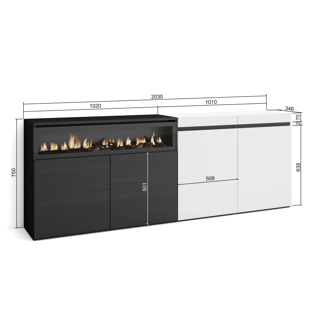 Credenza, Mobile, 200x35x75cm, 4 Porte, Camino elettrico, Bianco e nero RF2393