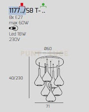 SOSPENSIONE OTTONE SAT. 8 LUCI TONDA VETRI 4X TR + 4X FU 1177OS-S8 T-TF