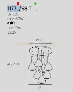SOSPENSIONE OTTONE SAT. 8 LUCI TONDA VETRI 4X TR + 4X FU 1177OS-S8 T-TF