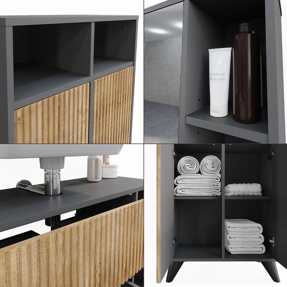 Set di mobili da bagno Leano, Antracite/quercia di montagna, 80 cm, composto da mobile sottolavabo, specchiera e mobile medio
