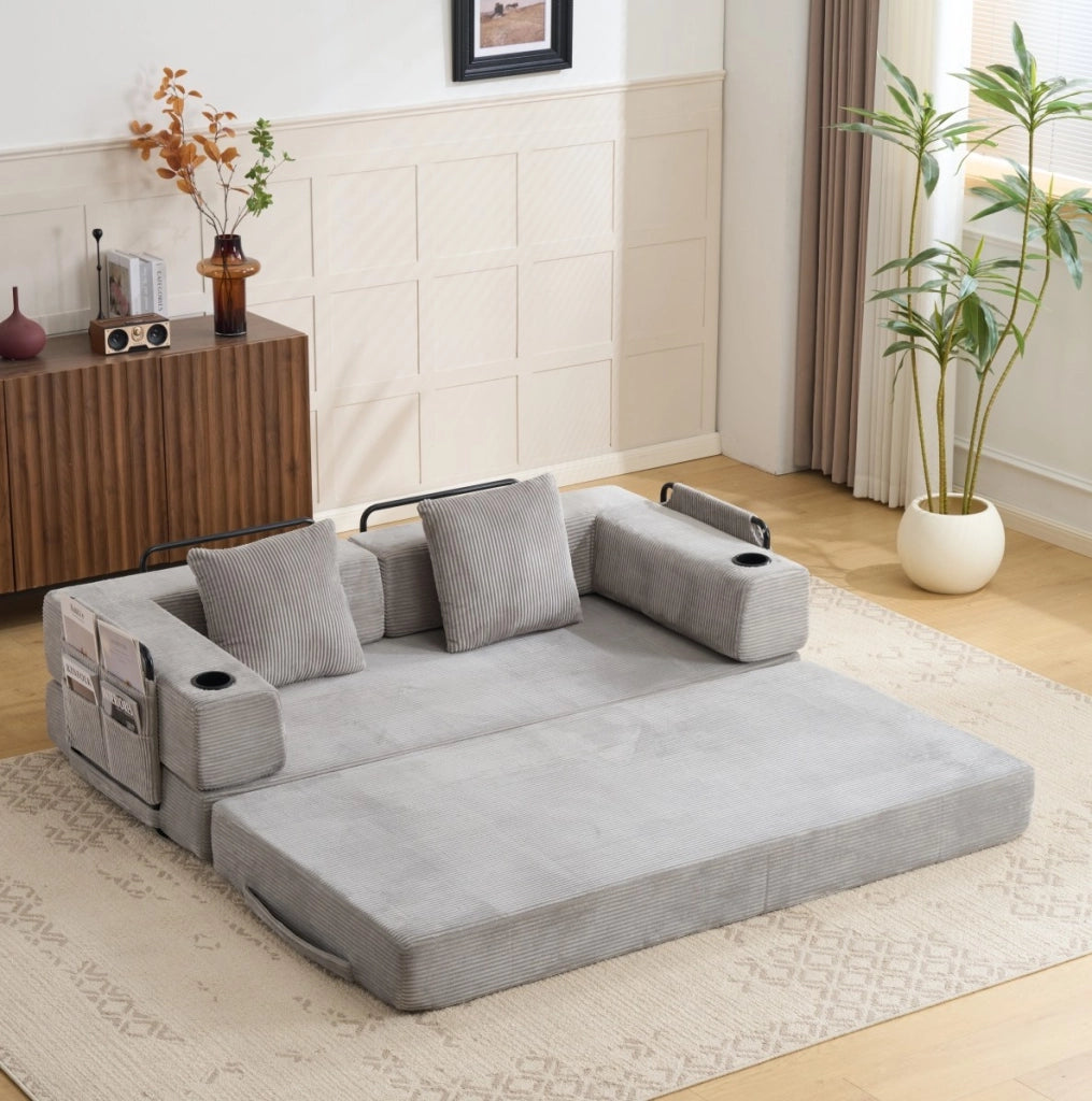 DIVANO LETTO Pieghevole in Velluto a Coste Grigio Chiaro con Portabicchieri