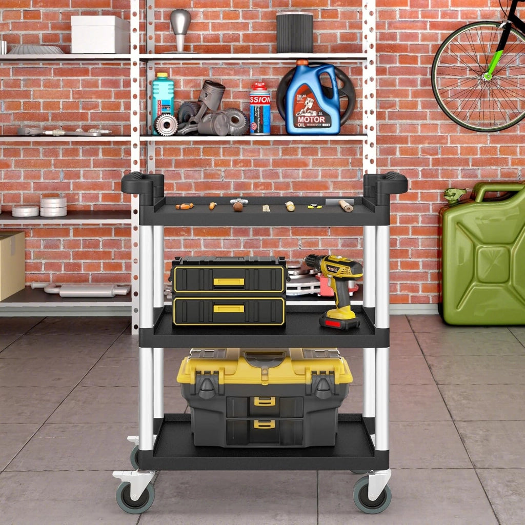 Carrello Portautensili Attrezzi a 3 Livelli, Carrello di Servizio da Officino con Rutoe Bloccabili, Doppie Maniglie e Struttura Robusta in Alluminio, Portata 225kg, per Magazzino e Cucina