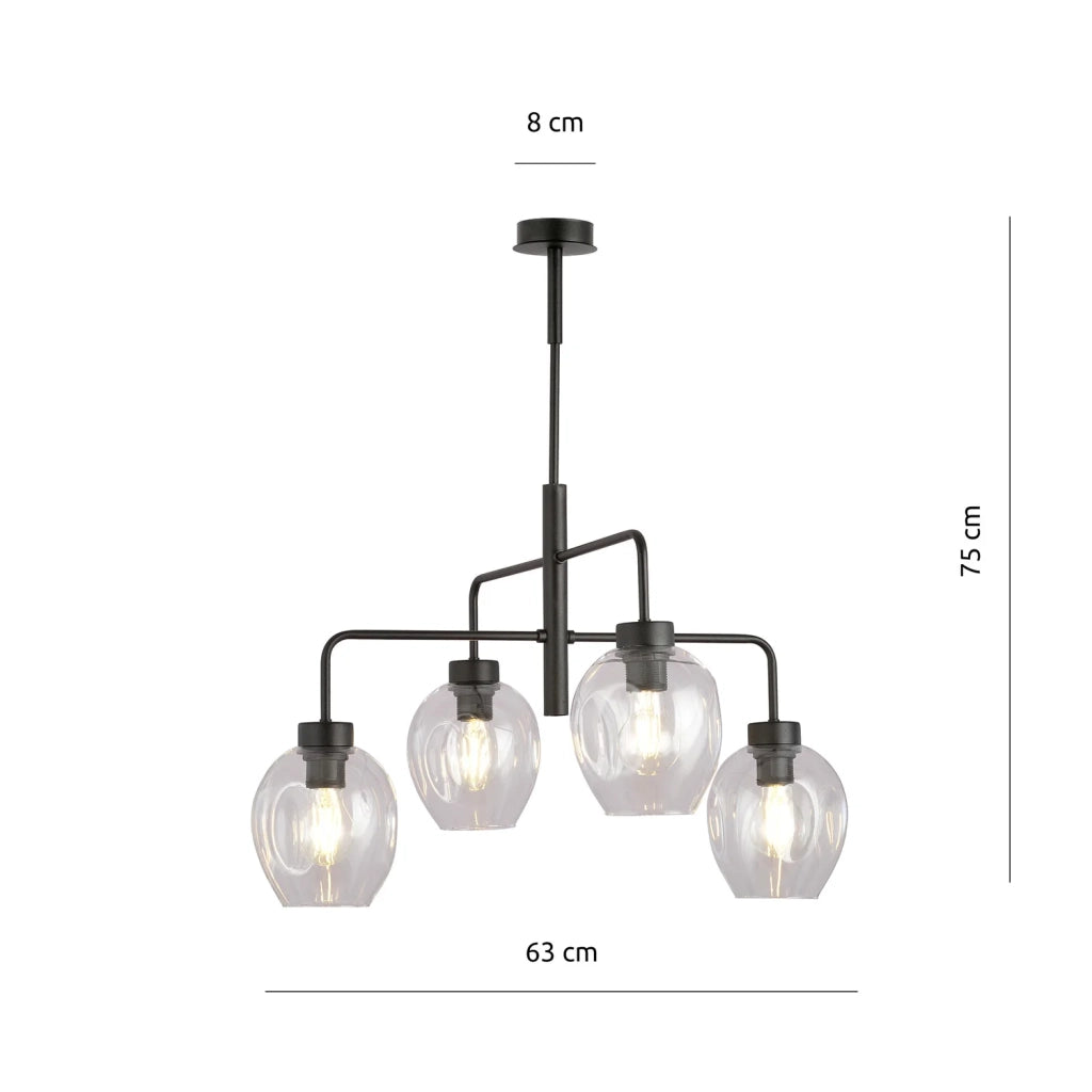 Lampadario Moderno 4 Luci Auriga In Accaio Nero E Vetro Trasparente