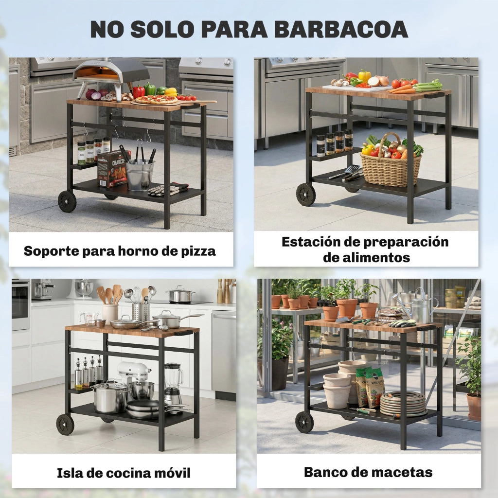Carrello per Barbecue 2 Livelli con Ruote ¨C zephmum ¨C Nero e Marrone