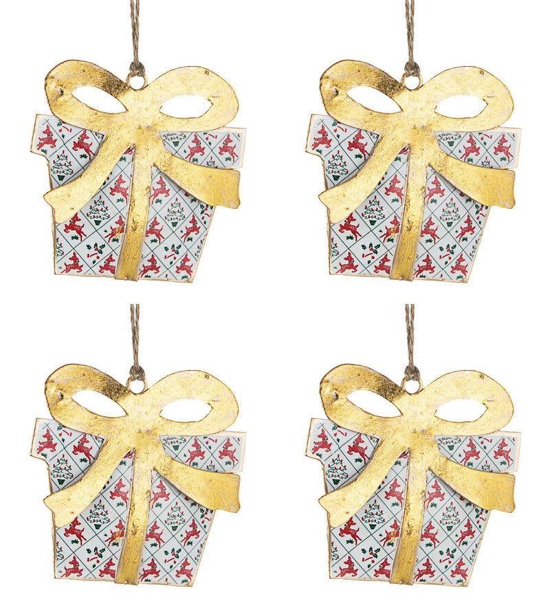 Pendagli Albero di Natale Metallo Oro Pacco Regalo Renne Addobbi Natalizi 10 cm