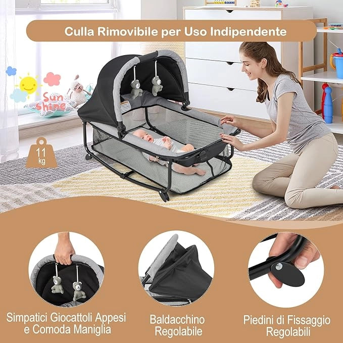 Lettino da Campeggio con Materasso, Lettino Pieghevole per Bambini con Fasciatoio, Culla da Viaggio con Ruote, Giocattolo, Lettino Bambini Staccabile, per Bambini 0-36 Mesi (Nero)