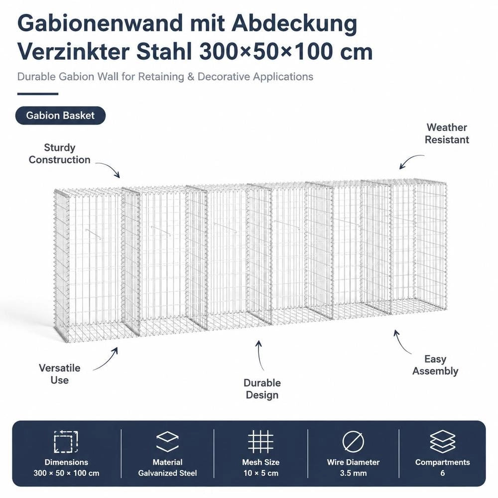 Gabion Wall With Cover, Galvanized Steel, 300x50x100 Cm
