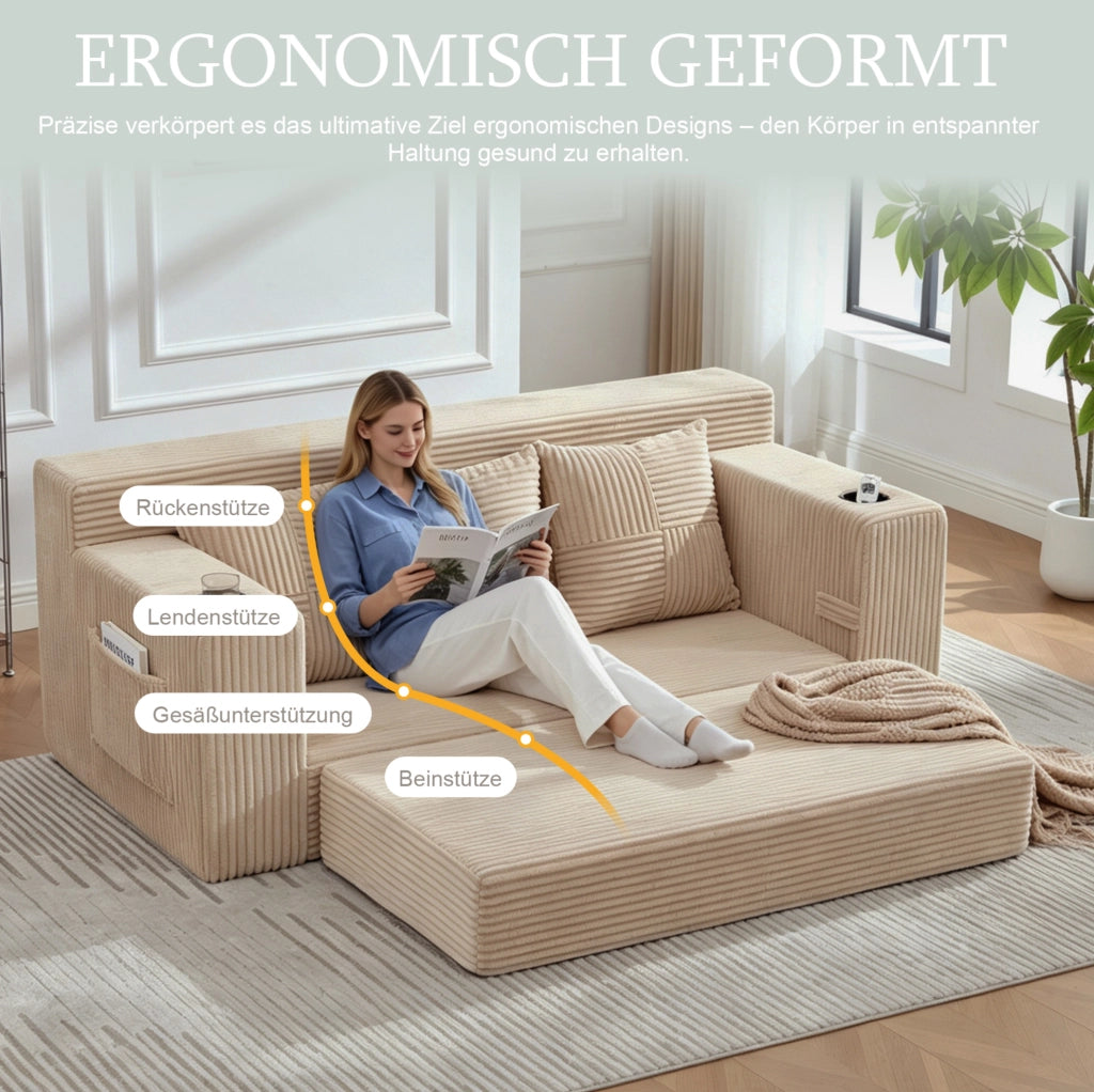 Sofa modulare da pavimento 2 posti 172x87x64 cm in velluto a coste khaki