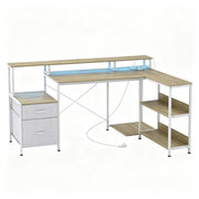Scrivania ad angolo con 2 cassetti, LED, prese USB e USB-C - per studio - 172×100×89 cm - bianca