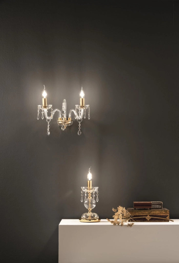 MARIA TERESA APPLIQUE MT/2 L6 PASTORSLE 2 LUCI CRISTALLO E ORO ATTACCO E14 L.32CM
