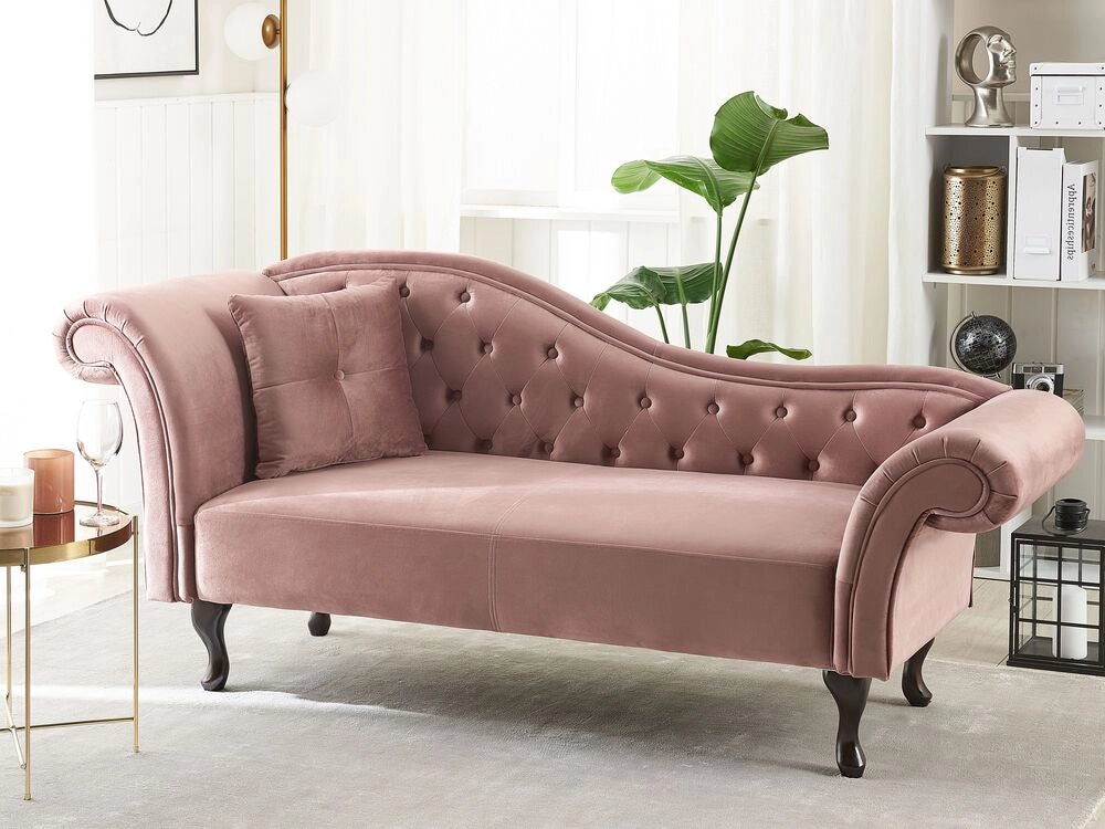 Chaise longue in Velluto Rosa Scuro con Bottoni e Rivestimento Trapuntato versione sinistra con Cuscino