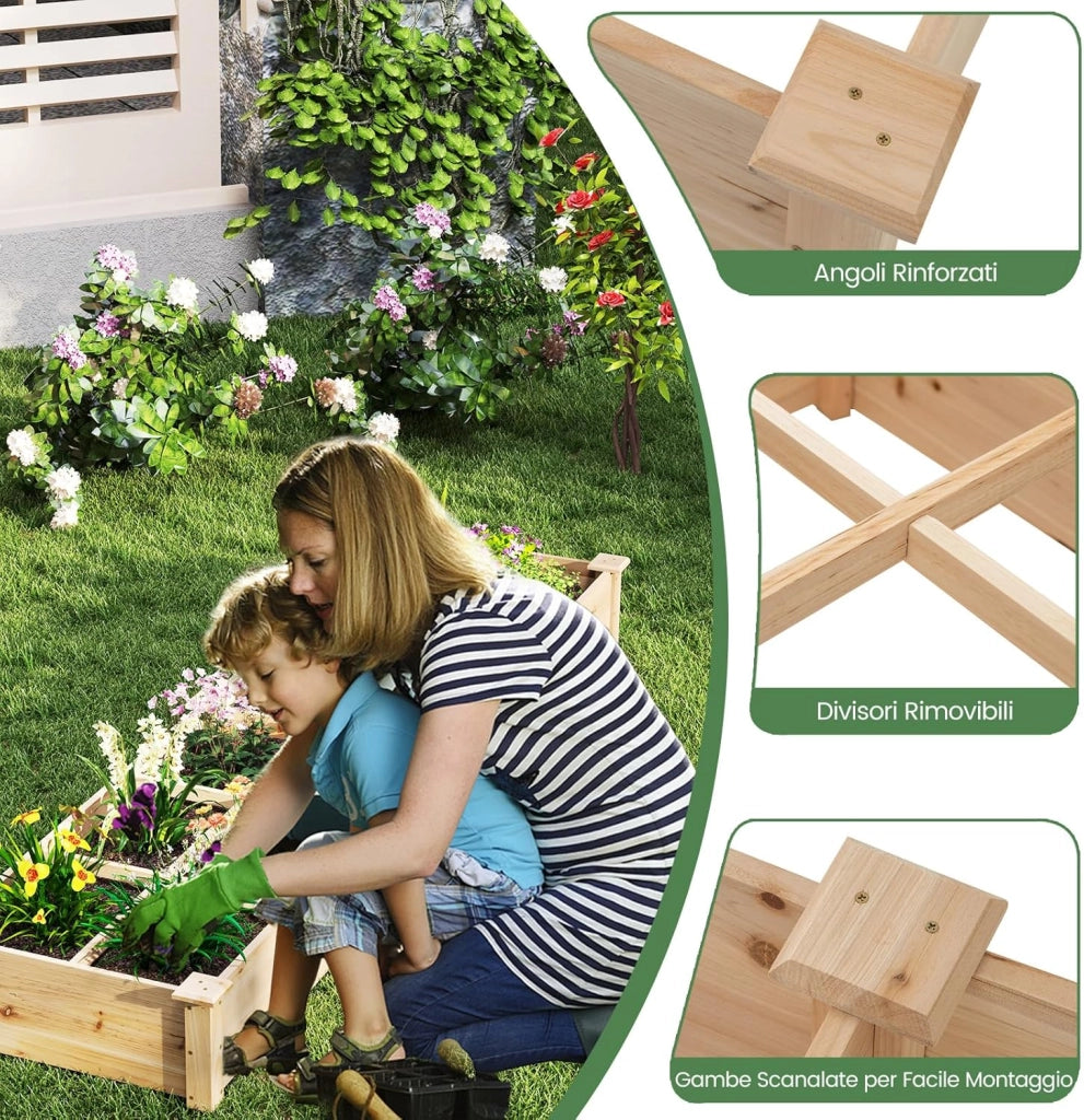 Lettino da Giardino Elevato in Legno con 2 Scatole per Piante e Separatori, Fioriera da Giardino Rialzato in Legno Massiccio da 228 cm per Fiori, Verdure, Frutta e Erbe (Naturale)