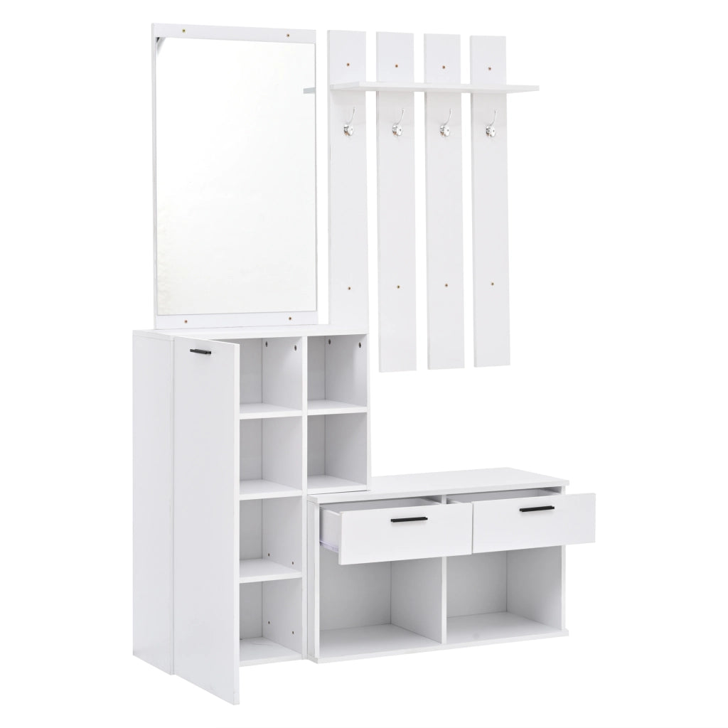 Garderoba da ingresso bianca con specchio, scarpiera, 2 cassetti e 4 ganci, 120x35x175,5 cm
