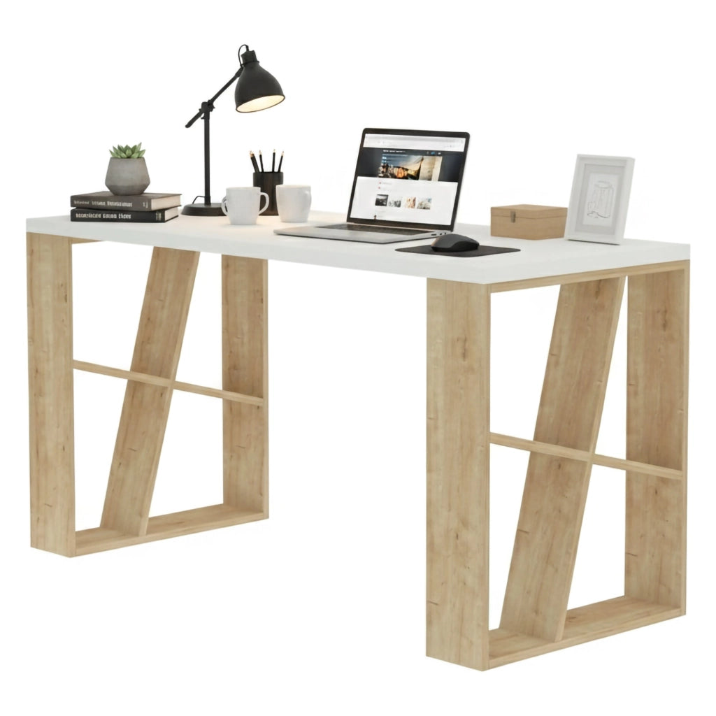 Scrivania Ernestina, Scrittoio multiuso, Tavolo per ufficio porta PC, Piano di lavoro, 140x60h75 cm, Bianco e Rovere
