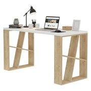 Scrivania Ernestina, Scrittoio multiuso, Tavolo per ufficio porta PC, Piano di lavoro, 140x60h75 cm, Bianco e Rovere