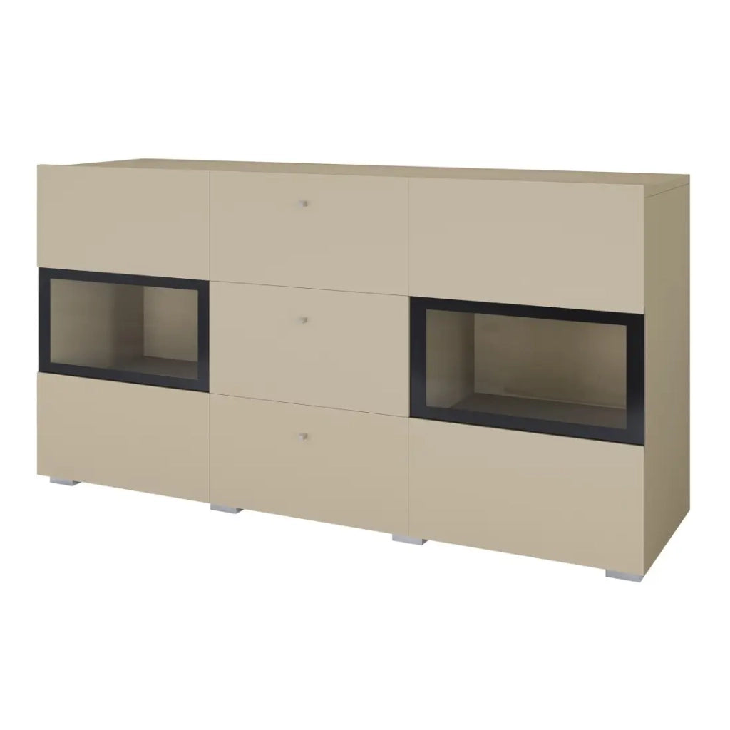 Buffet RAMOS 130 cm – Beige chiaro – 2 porte in vetro e 3 cassetti – Senza LED
