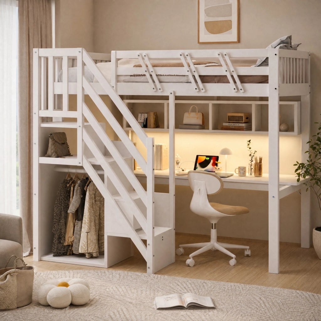 Letto a soppalco 90x200 cm con scrivania; scala contenitore e LED; bianco