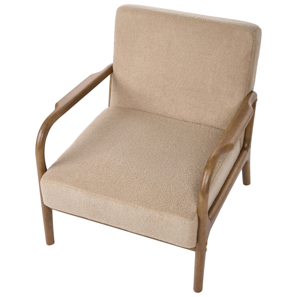 Poltrona beige in bouclé con struttura in legno - Poltrona lounge retrò in stile Mid-Century stile moderno