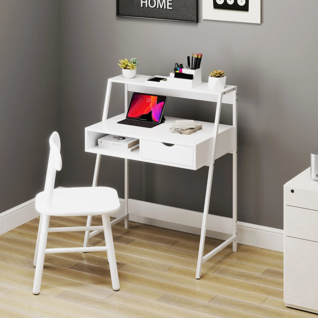 Scrivania Ufficio con Cassetti e Scaffale ¨C Zephmum ¨C Bianco Metallo