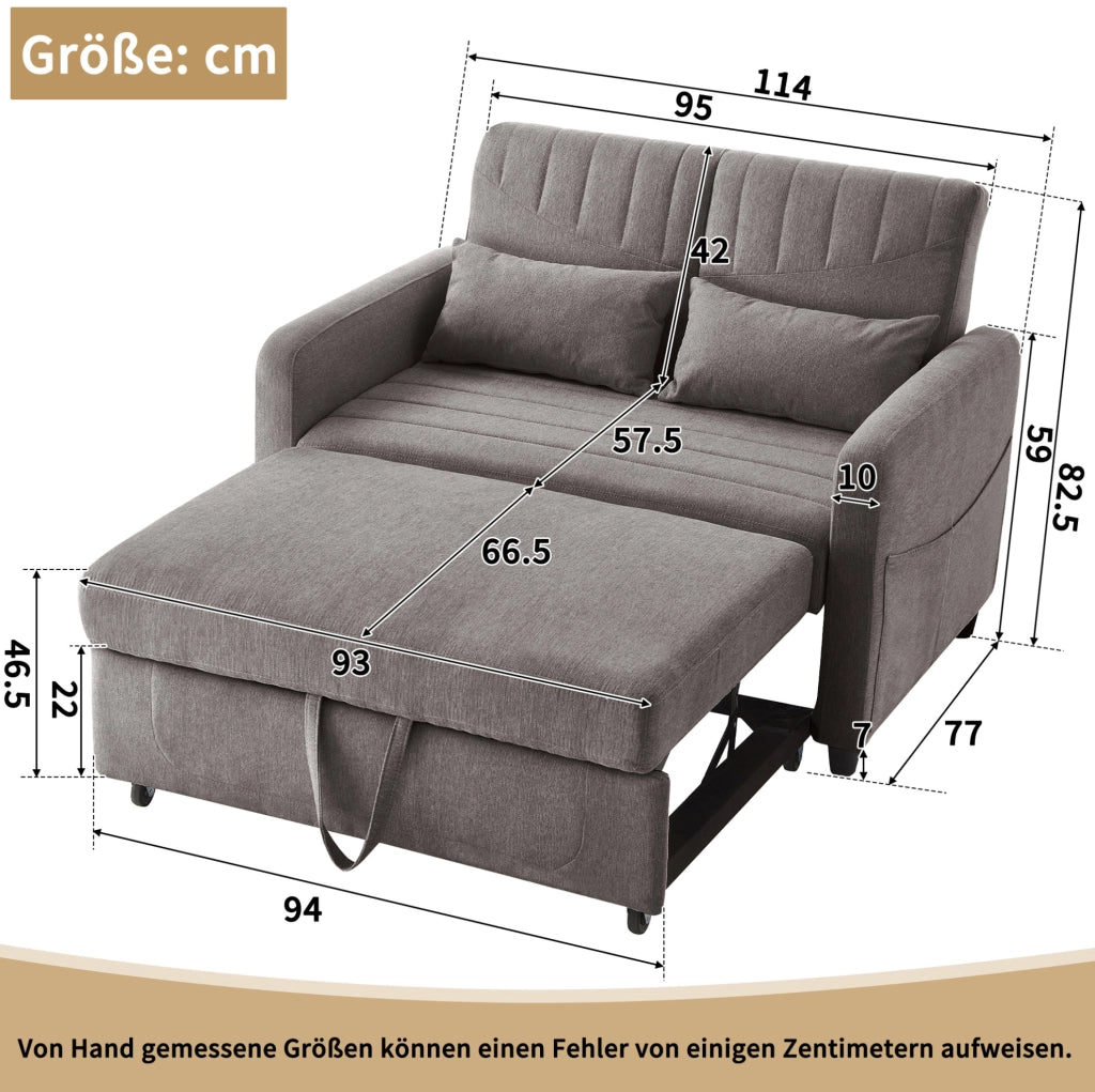 Divano letto a 2 posti grigio con schienale reclinabile a 3 posizioni; letto 166 x 95 cm