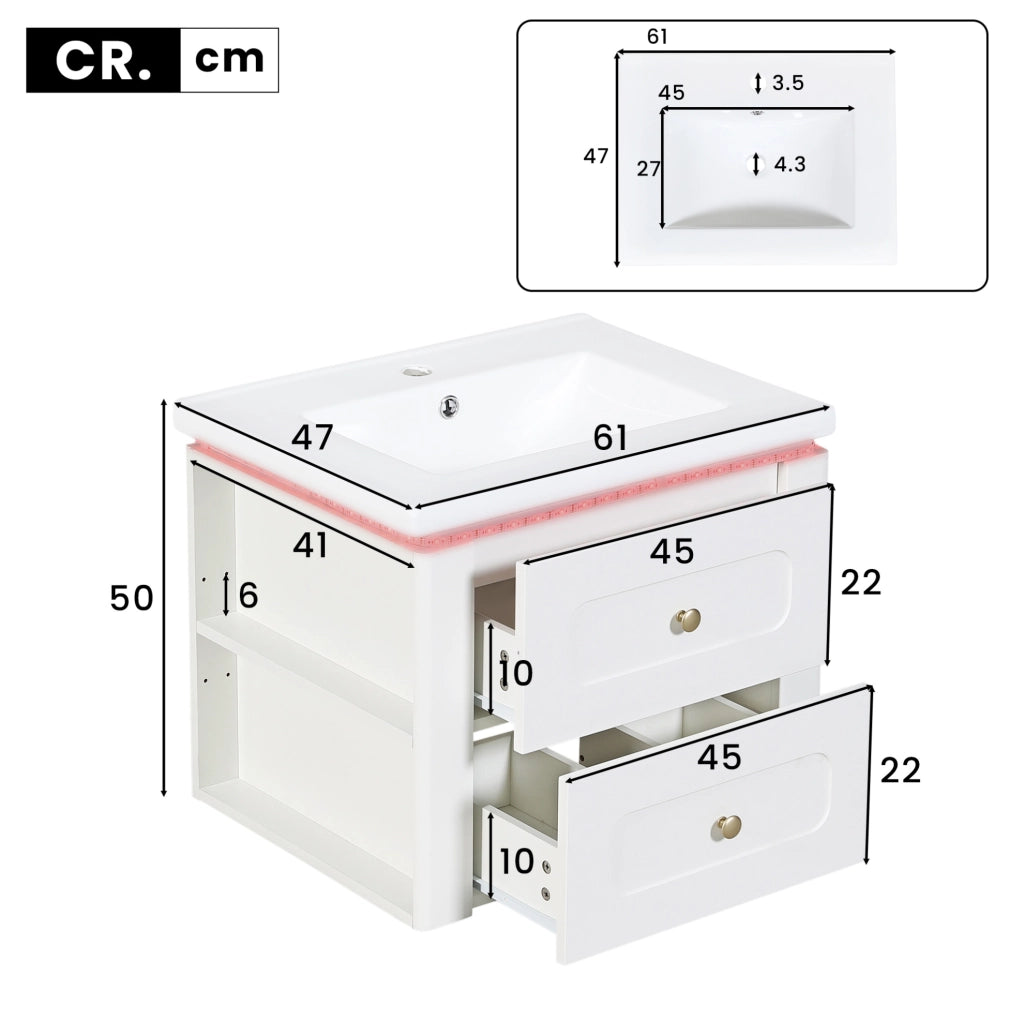 Mobile bagno sospeso da 61 cm con LED; 2 cassetti e lavabo in ceramica