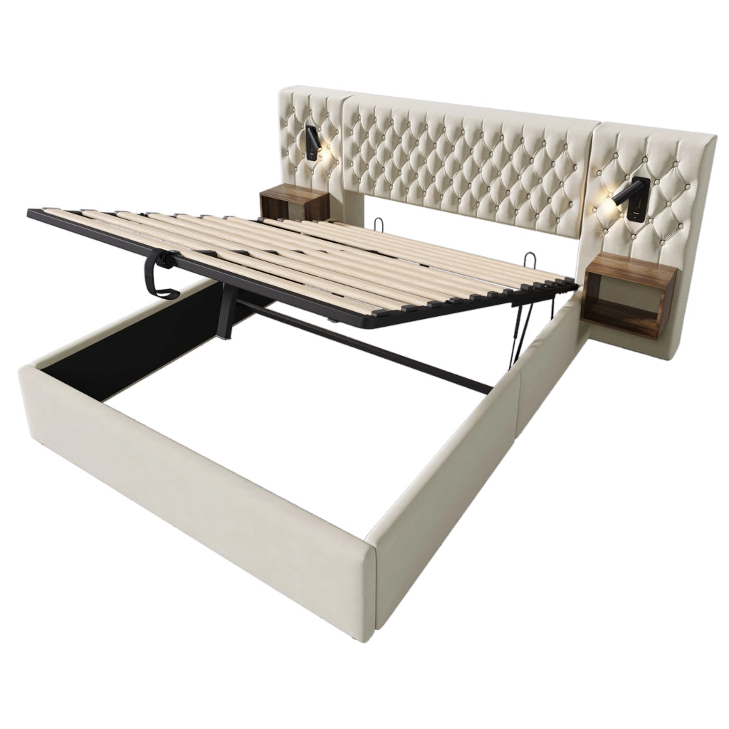 Letto Matrimoniale 180x200 cm; Contenitore; con 2 Comodini; USB e Type-C - Beige