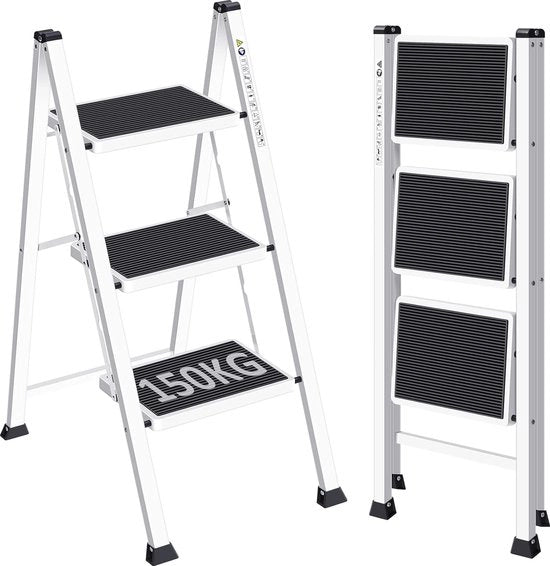 Scale aerea a 3 livelli, scala a 3 livelli, scala a tre livelli, scala a 3 livelli per adulti, scala per la casa, scala metallica, pedale antiscivolo stabile e ampio, bianca