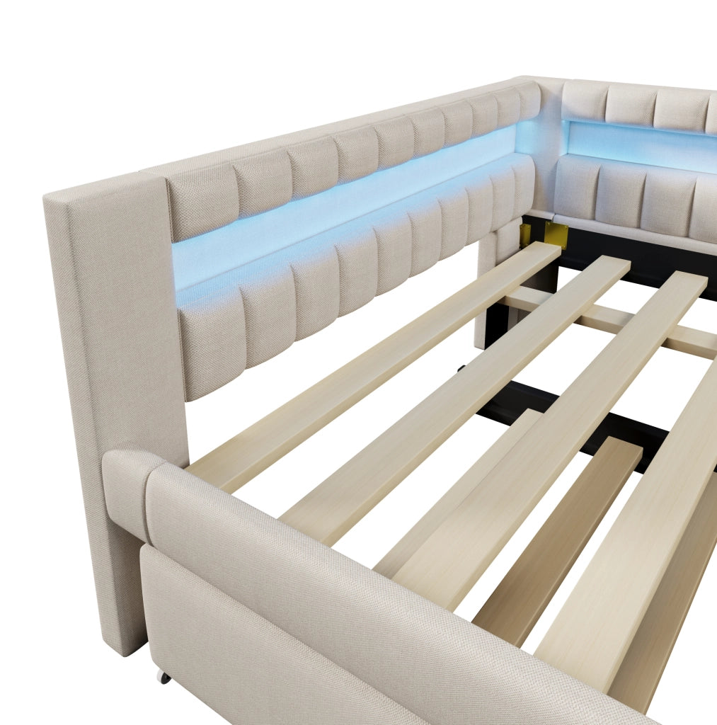 Letto daybed imbottito con LED, letto estraibile e porte USB + Type-C